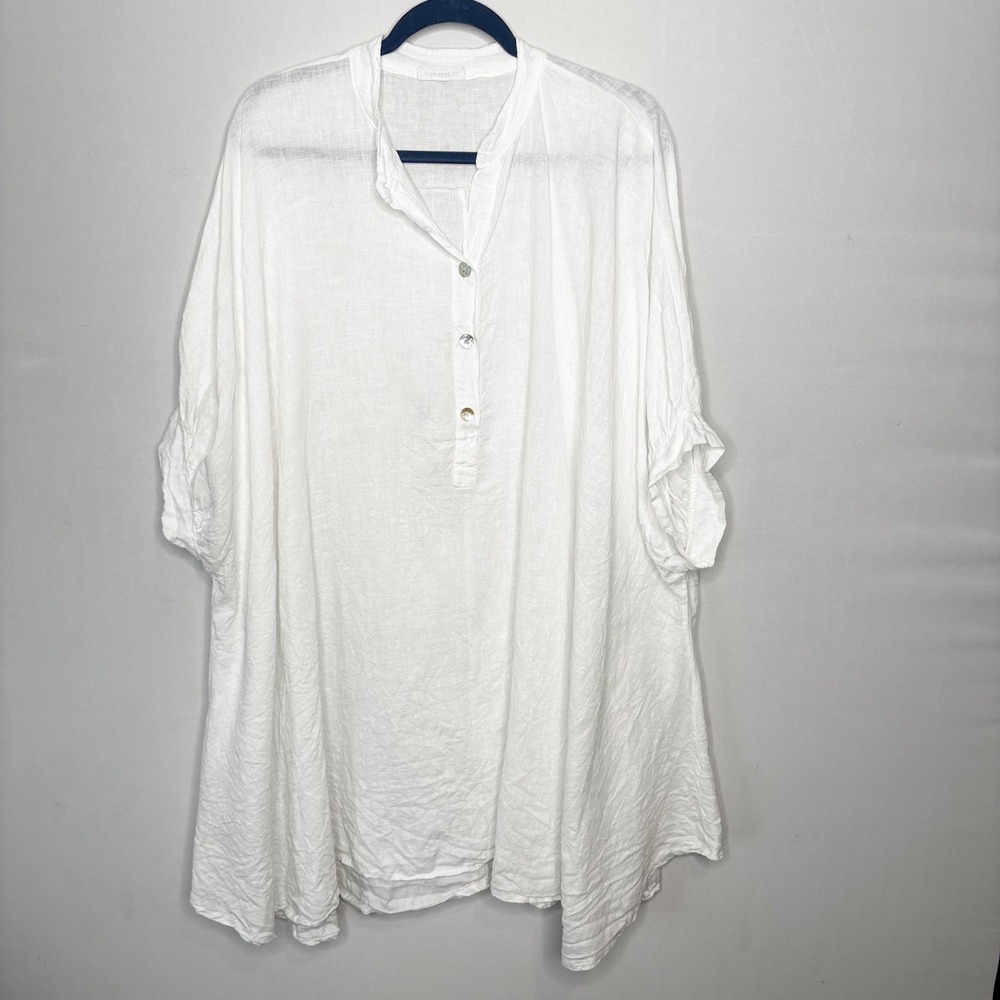 Made in Italy White Linen Oversized Henley Tunic Tent Dress Short Sleeve OS - Picture 9 of 9